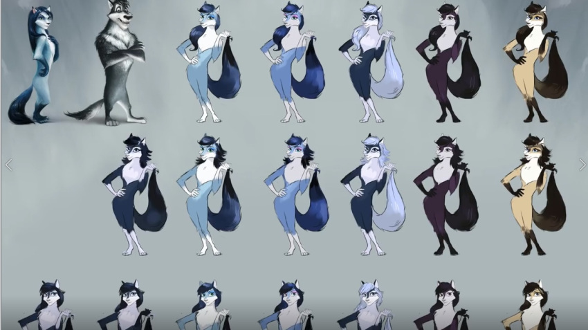 anthro bianca_(sheep_and_wolves) blue_body blue_eyes blue_fur blue_hair breasts canid canine canis female fur grey_(wolf) hair hand_on_hip long_hair long_legs mammal official_art pigeon_toed sheep_and_wolves small_waist smile solo standing wizart wolf
