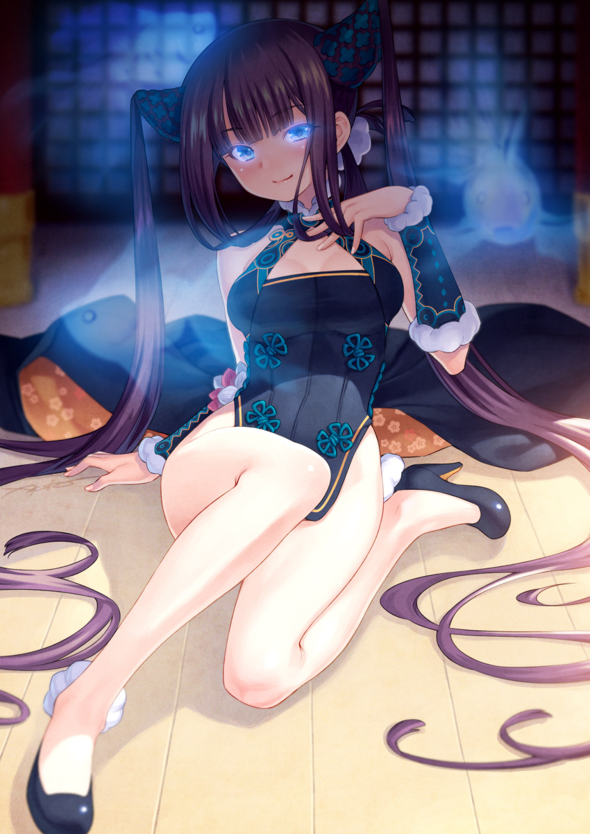 1girl absurdres bangs black_dress blue_eyes blunt_bangs blush breasts china_dress chinese_clothes closed_mouth detached_sleeves dress fate/grand_order fate_(series) floral_print glowing glowing_eyes hair_ornament high_heels highres huge_filesize kazuma_muramasa knee_up large_breasts legs looking_at_viewer photoshop_(medium) pumps purple_hair sidelocks sitting smile solo twintails yang_guifei_(fate)