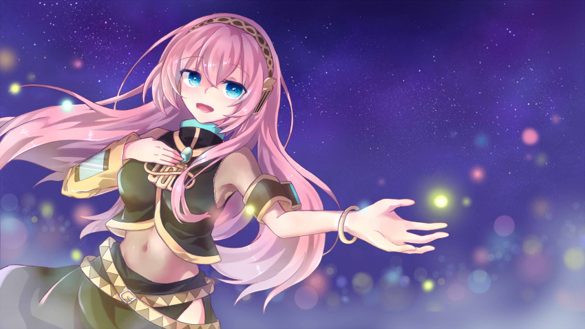 1girl armband belt black_shirt black_skirt blue_eyes blurry bokeh bracelet brooch commentary depth_of_field detached_sleeves gold_trim headphones highres jewelry long_hair long_skirt looking_at_viewer megurine_luka mochityoko navel night night_sky open_mouth outstretched_arm pink_hair see-through shirt short_sleeves side_slit single_detached_sleeve skirt sky smile solo star_(sky) upper_body vocaloid