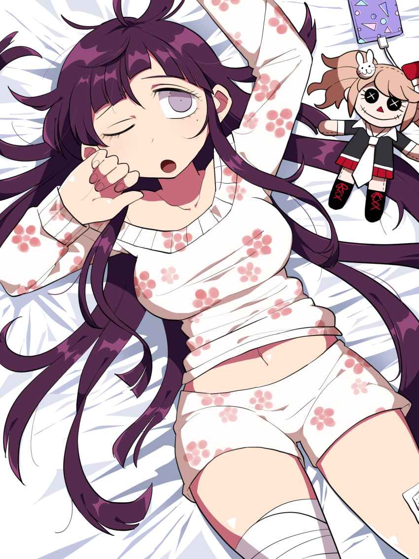 1girl :o alternate_costume apron arm_up bad_anatomy bandaged_leg bandages bandaid bandaid_on_leg bangs bed_sheet bow breasts bunny_hair_ornament character_doll collarbone commentary cowboy_shot dangan_ronpa_(series) dangan_ronpa_2:_goodbye_despair english_commentary enoshima_junko furukawa_(yomawari) hair_bow hair_ornament highres large_breasts long_hair long_sleeves looking_at_viewer lying midriff mole navel on_back one_eye_closed open_mouth phone purple_hair shiny_hiar short_shorts shorts skirt sleepy sweater tsumiki_mikan