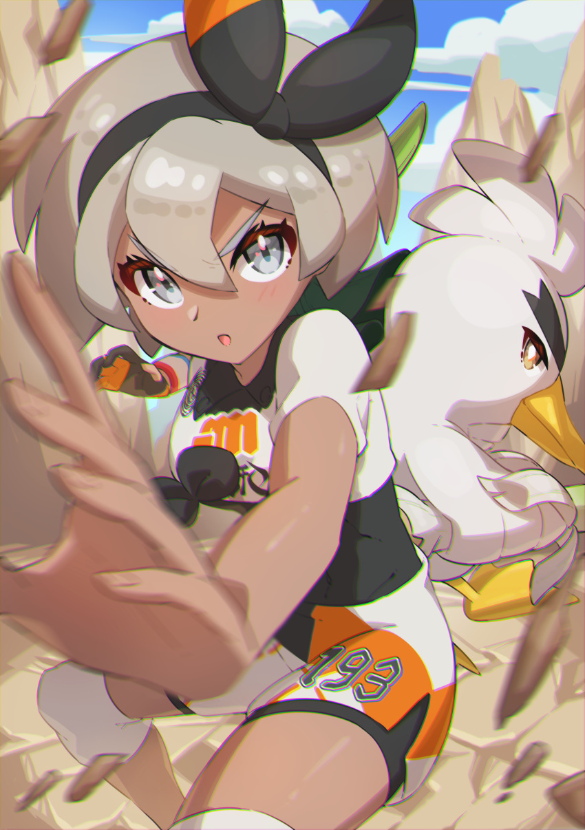 1girl :o absurdres bangs bea_(pokemon) black_bodysuit black_hairband blonde_hair blurry blush bodysuit bodysuit_under_clothes bow_hairband clouds collared_shirt commentary_request day dynamax_band eyelashes gen_8_pokemon gloves grey_eyes gym_leader hair_between_eyes hairband highres knee_pads looking_at_viewer open_mouth outdoors partially_fingerless_gloves pokemon pokemon_(creature) pokemon_(game) pokemon_swsh print_shirt print_shorts rock shiny shiny_skin shirt short_hair short_sleeves shorts side_slit side_slit_shorts single_glove sirfetch'd sky squatting taisa_(lovemokunae) v-shaped_eyebrows