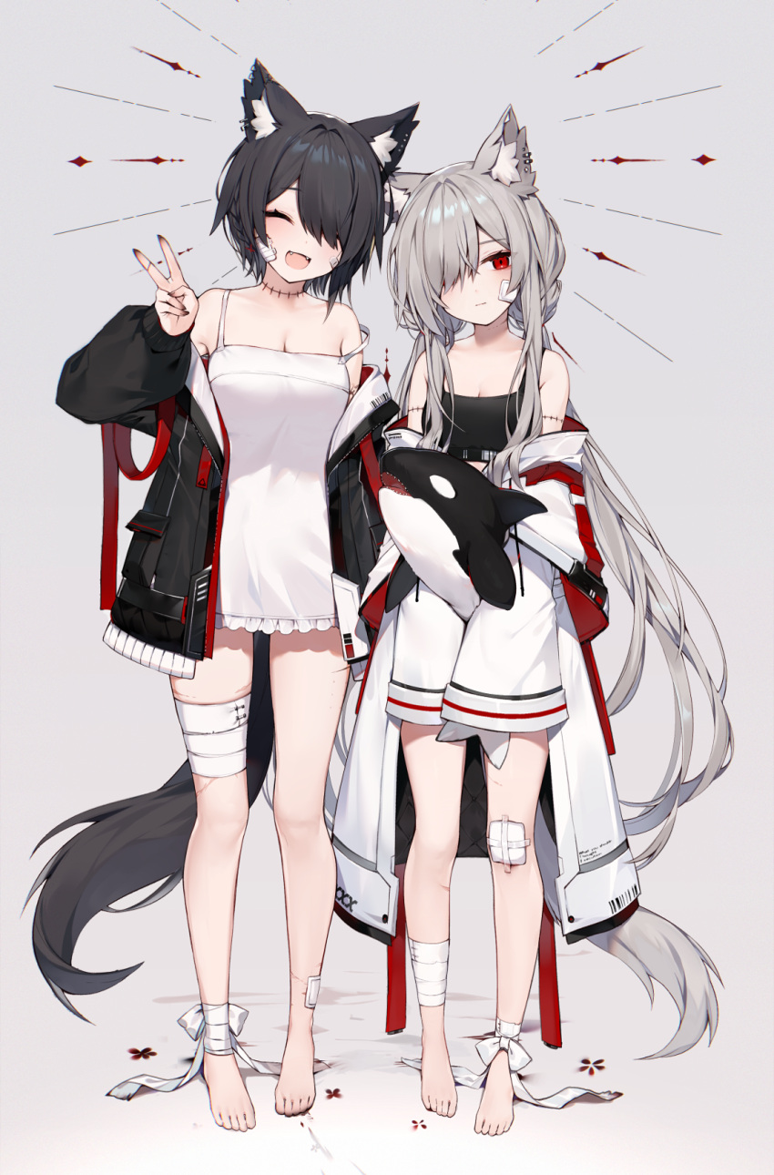 2girls :d animal_ear_fluff animal_ears bandaged_leg bandages bandaid bandaid_on_cheek bandaid_on_face bandaid_on_knee bangs bare_shoulders barefoot black_hair black_jacket breasts chemise closed_eyes commentary_request crop_top doll ear_piercing fangs full_body hair_over_one_eye hand_up highres holding holding_doll jacket long_hair long_sleeves looking_at_viewer multiple_girls muryotaro off_shoulder open_mouth original piercing red_eyes short_hair silver_hair smile standing stitched_neck stuffed_animal stuffed_orca stuffed_toy tail twintails very_long_hair white_jacket