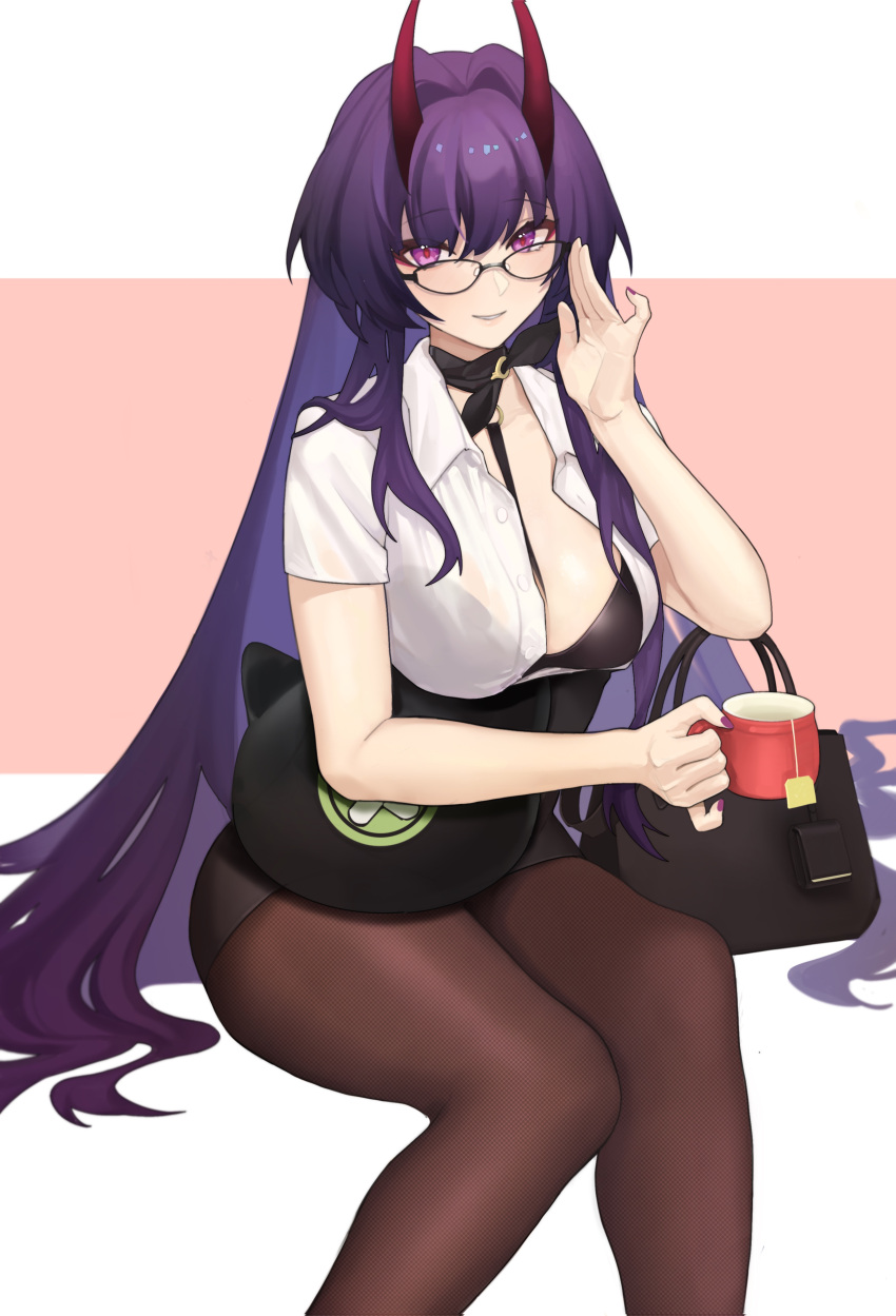 1girl absurdres black_bra black_legwear bra breasts cup glasses highres holding holding_cup honkai_(series) honkai_impact_3rd horns large_breasts long_hair looking_at_viewer nail_polish office_lady pantyhose pencil_skirt purple_hair raiden_mei raiden_mei_(herrscher_of_thunder) sitting skirt thighs tutou_jiang unbuttoned unbuttoned_shirt underwear violet_eyes