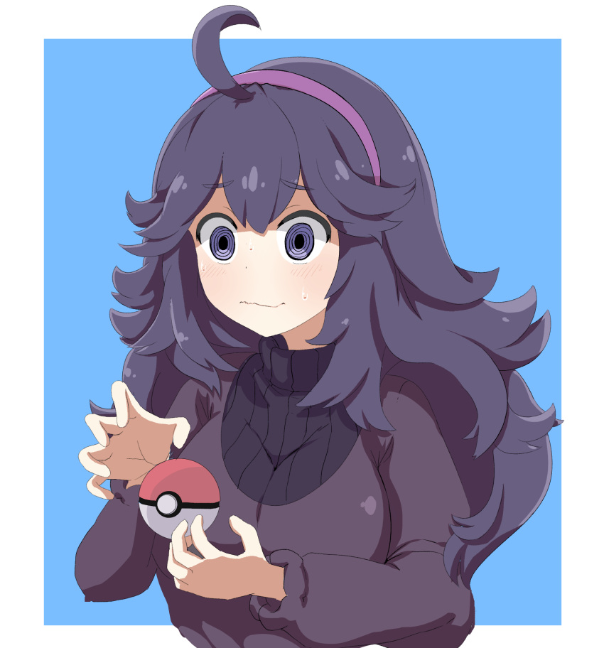 1girl @_@ ahoge alternate_breast_size bangs blue_background blush breasts commentary english_commentary eyebrows_visible_through_hair hairband hex_maniac_(pokemon) highres large_breasts long_hair messy_hair poke_ball poke_ball_(basic) pokemon pokemon_(game) pokemon_xy purple_hair purple_hairband ribbed_sweater solo sugiura_tsuruki sweatdrop sweater telekinesis two-tone_background violet_eyes wavy_mouth