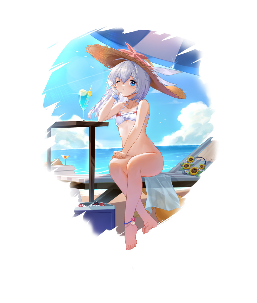 1girl absurdres ankleband bangs bare_legs bare_shoulders barefoot beach bikini bikini_top blue_eyes blush bottomless bow breasts chinese_commentary commentary_request crossed_ankles cup day eyebrows_visible_through_hair feet full_body hair_bow hand_on_own_cheek hand_on_own_face hat highres honkai_(series) honkai_impact_3rd long_hair mo_ying_yu one_eye_closed outdoors silver_hair sitting small_breasts solo straw_hat swimsuit theresa_apocalypse water white_bikini