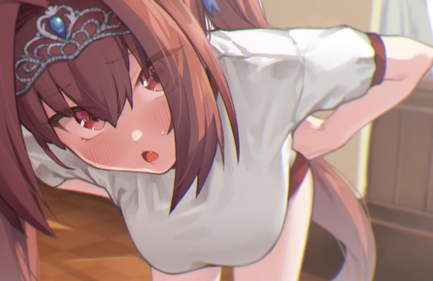 1girl bangs blush breasts brown_hair daiwa_scarlet_(umamusume) hair_intakes highres horse_girl large_breasts leaning_forward long_hair looking_at_viewer muchi_maro open_mouth red_eyes solo thighs tiara twintails umamusume very_long_hair