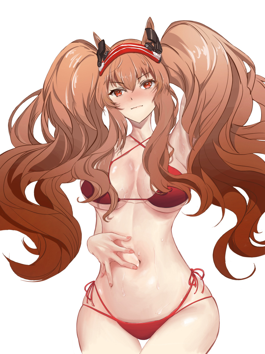 1girl absurdres angelina_(arknights) animal_ears arknights arm_up armpits bangs bikini blush breasts brown_hair chinese_commentary commentary_request cowboy_shot criss-cross_halter eyebrows_visible_through_hair fox_ears hair_between_eyes hairband halterneck hand_on_own_stomach highres jie_(fzsm8423) large_breasts long_hair nail_polish navel nose_blush pink_nails red_bikini red_eyes red_hairband side-tie_bikini simple_background solo standing stomach swimsuit twintails very_long_hair white_background