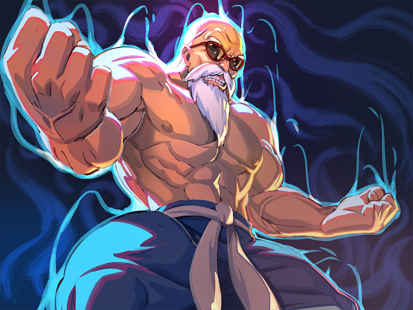 1boy abs alternate_form aura bald beard belt biceps blue_pants clenched_hands dragon_ball dragon_ball_(classic) facial_hair male_focus manly muscular muscular_male mustache muten_roushi navel old old_man pants powering_up red-framed_eyewear shirtless solo sunglasses teeth veins white_belt yonezawa_mao