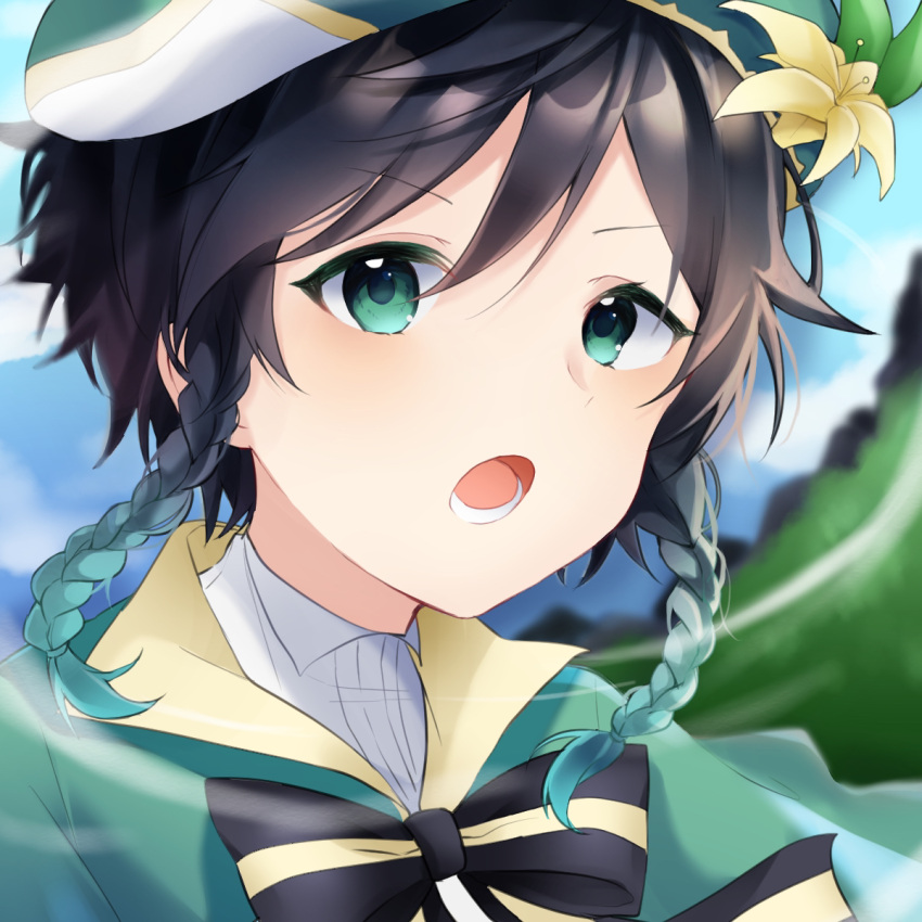 1boy androgynous bangs beret black_hair blue_hair blurry blurry_background bow braid cape collared_cape collared_shirt commentary_request eyebrows_visible_through_hair flower genshin_impact gradient_hair green_eyes hat hat_flower highres kashiwagi_yuzu@ruruka_kyoto leaf looking_at_viewer male_focus multicolored_hair open_mouth shirt short_hair_with_long_locks solo twin_braids venti_(genshin_impact) white_flower white_shirt wind
