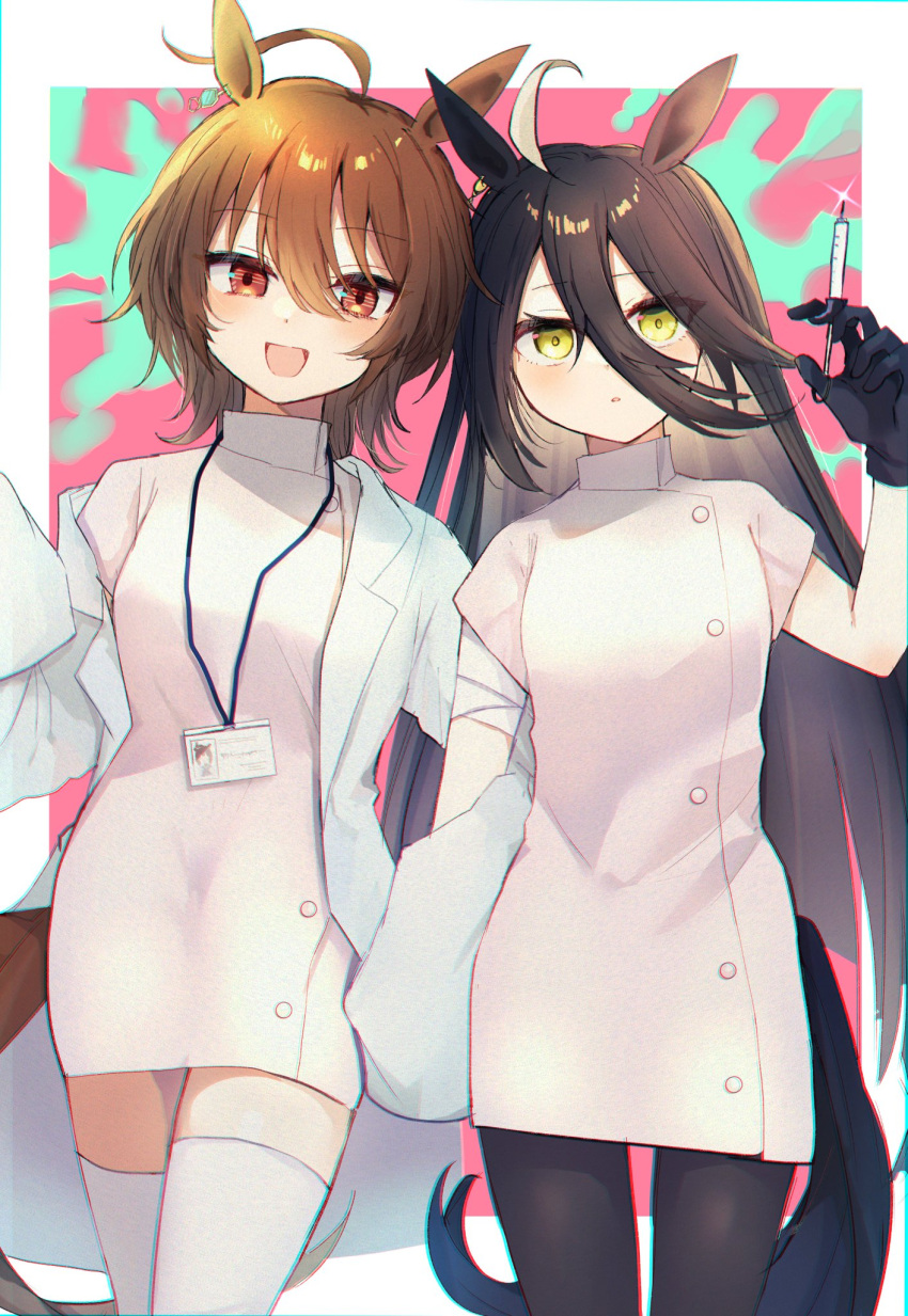 2girls :d abstract_background absurdly_long_hair agnes_tachyon_(umamusume) animal_ears bandaged_arm bandages bangs black_gloves black_hair black_legwear blush border brown_hair coat commentary cowboy_shot dress eyebrows_visible_through_hair gloves green_background hair_between_eyes hand_up highres holding holding_another's_arm holding_syringe horse_ears horse_girl horse_tail id_card labcoat long_hair looking_at_viewer manhattan_cafe_(umamusume) mochitamogu multiple_girls nurse open_mouth pantyhose parted_lips pink_background pink_dress red_eyes short_hair short_sleeves smile syringe tail thigh-highs umamusume very_long_hair white_coat white_legwear yellow_eyes