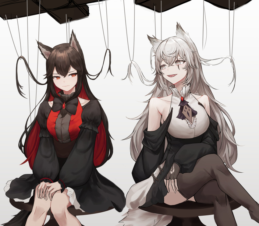 absurdres alternate_costume animal_ears arknights ascot black_dress black_legwear black_neckwear bow bowtie brown_eyes crossed_legs dress embarrassed feet_out_of_frame frilled_dress frills grey_eyes highres lappland_(arknights) long_hair long_sleeves looking_at_another mea_(hwaksal) off-shoulder_dress off_shoulder puffy_sleeves scar scar_across_eye silver_hair sitting smile texas_(arknights) thigh-highs white_background white_hair wolf_ears wolf_girl