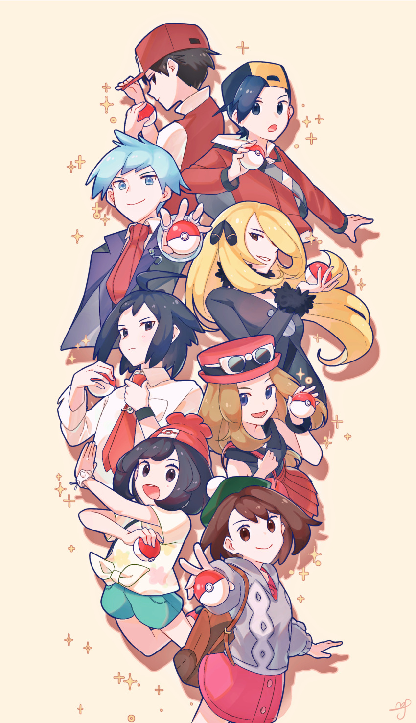 4boys 4girls :d absurdres adjusting_neckwear ahoge backpack backwards_hat bag bangs baseball_cap beanie black_hair blonde_hair blue_hair bracelet brown_bag brown_eyes brown_hair buttons cable_knit cardigan cheren_(pokemon) closed_mouth coat collared_dress collared_shirt commentary_request cynthia_(pokemon) dress ethan_(pokemon) fur-trimmed_coat fur_trim gloria_(pokemon) green_headwear green_shorts grey_cardigan hair_ornament hair_over_one_eye hand_on_headwear hand_up hands_up hat highres holding holding_poke_ball holding_strap hooded_cardigan jacket jewelry long_hair long_sleeves multiple_boys multiple_girls necktie open_mouth pink_dress pleated_skirt poke_ball poke_ball_(basic) pokemon pokemon_(game) pokemon_bw2 pokemon_dppt pokemon_hgss pokemon_oras pokemon_rgby pokemon_sm pokemon_swsh pokemon_xy red_(pokemon) red_headwear red_jacket red_neckwear red_skirt selene_(pokemon) serena_(pokemon) shirt short_hair shorts skirt sleeveless sleeveless_shirt smile sparkle steven_stone sunglasses tam_o'_shanter tied_shirt tongue white-framed_eyewear white_shirt yellow_shirt