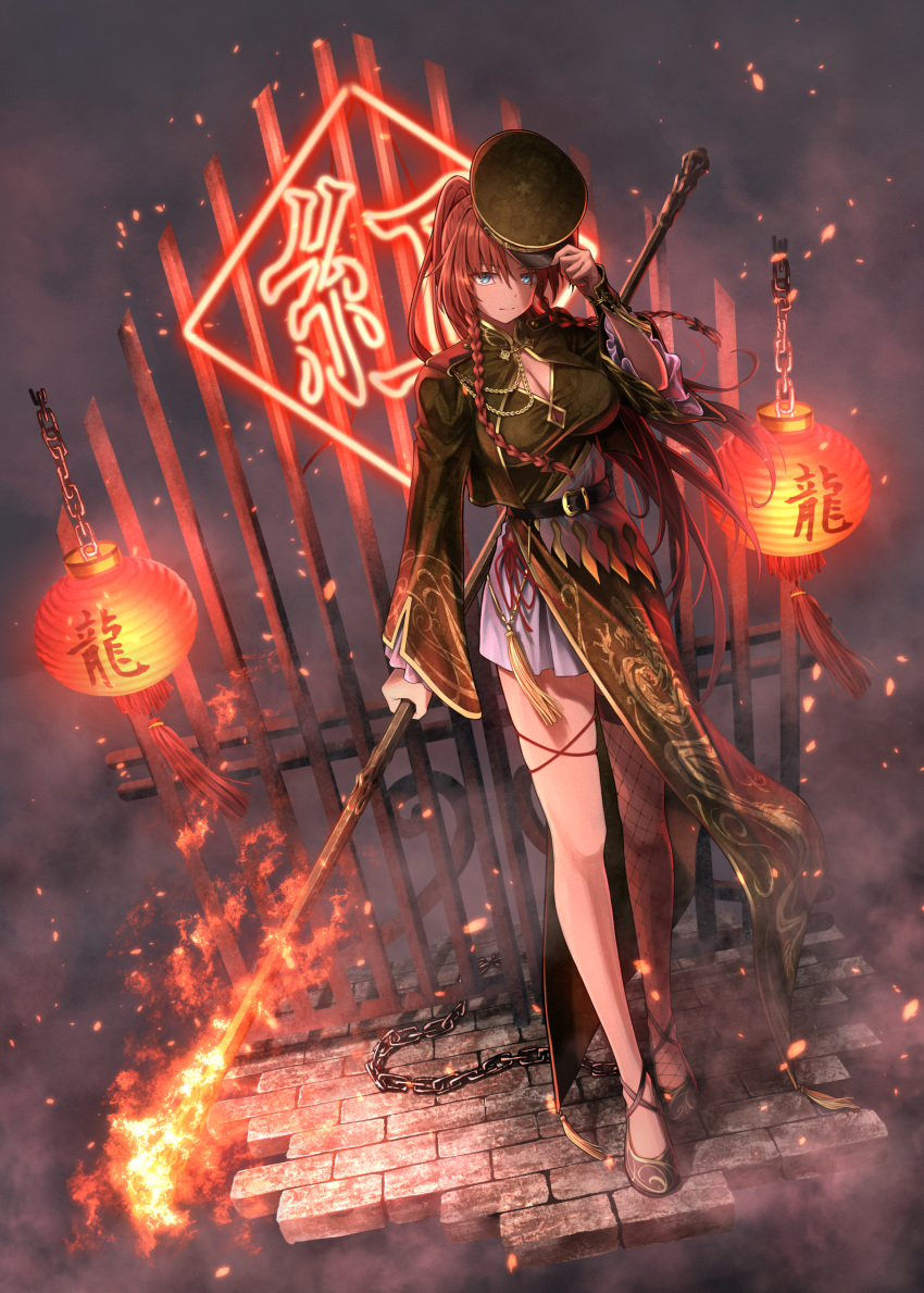 1girl absurdres braid chain chinese_clothes dragon_print fire fishnet_legwear fishnets flats greenkohgen hat highres hong_meiling lamp long_hair long_sleeves military_hat peaked_cap ponytail single_thighhigh thigh-highs touhou twin_braids weapon wide_sleeves