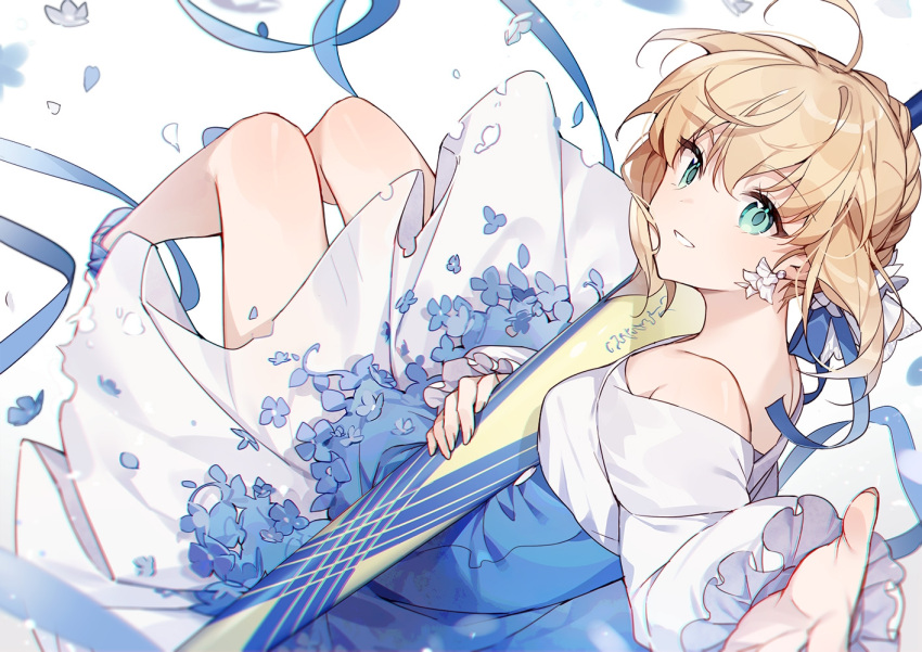 1girl ahoge alternate_costume artoria_pendragon_(all) avalon_(fate/stay_night) bare_shoulders blue_flower blue_ribbon braid earrings fate/grand_order fate_(series) flower flower_earrings french_braid frilled_sleeves frills green_eyes holding holding_sheath jewelry kamiowl looking_at_viewer outstretched_hand ribbon saber sheath smile solo white_background white_flower