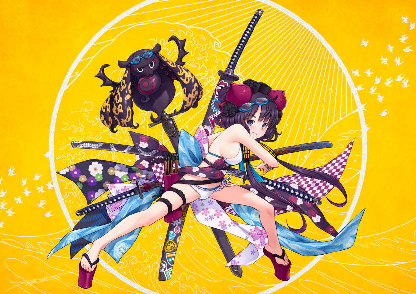 1girl absurdres bangs bare_shoulders belt bikini blue_eyes blush bracelet breasts calligraphy_brush drawing_sword fate/grand_order fate_(series) floral_print flower goggles goggles_on_head grin hair_flower hair_ornament highres holding holding_sword holding_weapon huge_filesize jewelry katana katsushika_hokusai_(fate) katsushika_hokusai_(swimsuit_saber)_(fate) kazuma_muramasa legs looking_at_viewer medium_breasts obi octopus paintbrush purple_hair sandals sash short_hair sidelocks smile swimsuit sword thigh_strap tokitarou_(fate) weapon white_bikini yellow_background