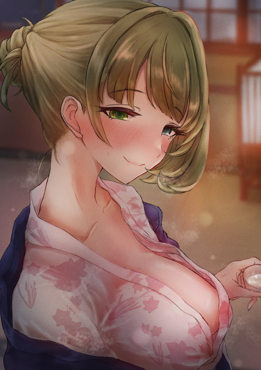 1girl absurdres alcohol blue_eyes blush breasts choko_(cup) closed_mouth cup green_eyes heterochromia highres idolmaster idolmaster_cinderella_girls idolmaster_cinderella_girls_starlight_stage inn japanese_clothes kimono lantern medium_breasts mole mole_under_eye sake shaddoll_fusion short_hair smile solo takagaki_kaede