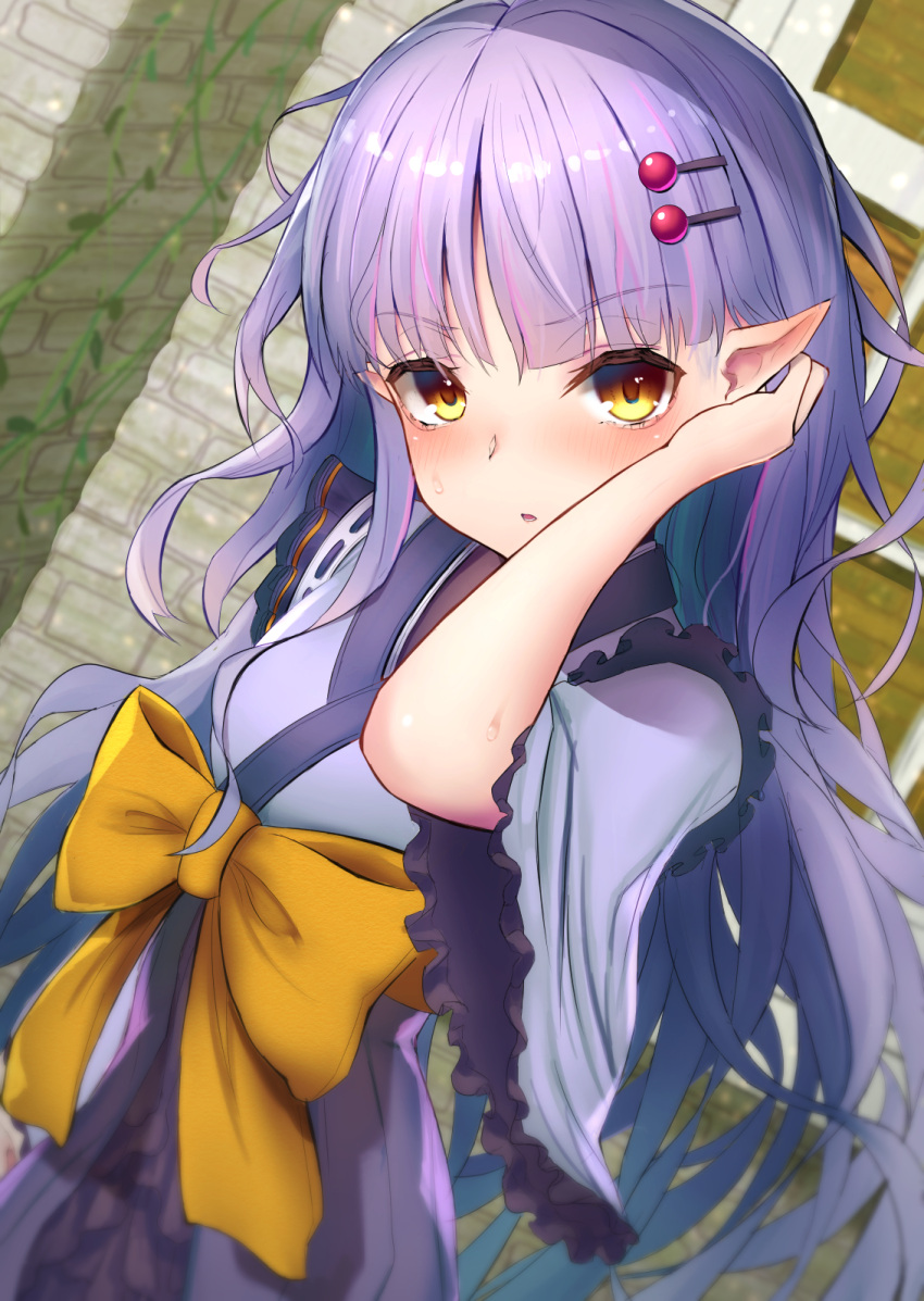 1girl :o arm_behind_head bangs blush bow breasts dutch_angle eyebrows_visible_through_hair frown hair_ornament hand_up headwear highres japanese_clothes kimono kyouka_(princess_connect!) long_hair mizuha_(pixiv56938668) obi pointy_ears princess_connect! purple_hair purple_kimono sash short_sleeves small_breasts solo sweat sweatdrop very_long_hair wavy_hair wide_sleeves yellow_bow yellow_eyes