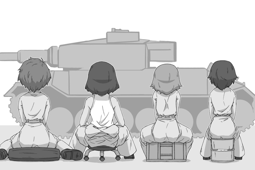 4girls bob_cut bucket clothes_around_waist commentary dark-skinned_female dark_skin facing_away flat_tire from_behind girls_und_panzer gloves ground_vehicle highres hoshino_(girls_und_panzer) jumpsuit long_sleeves mechanic medium_hair military military_vehicle motor_vehicle multiple_girls nakajima_(girls_und_panzer) renshiu shoes short_hair sitting stool suzuki_(girls_und_panzer) tank tank_top tiger_(p) tire tomboy tsuchiya_(girls_und_panzer) uniform v_arms wariza