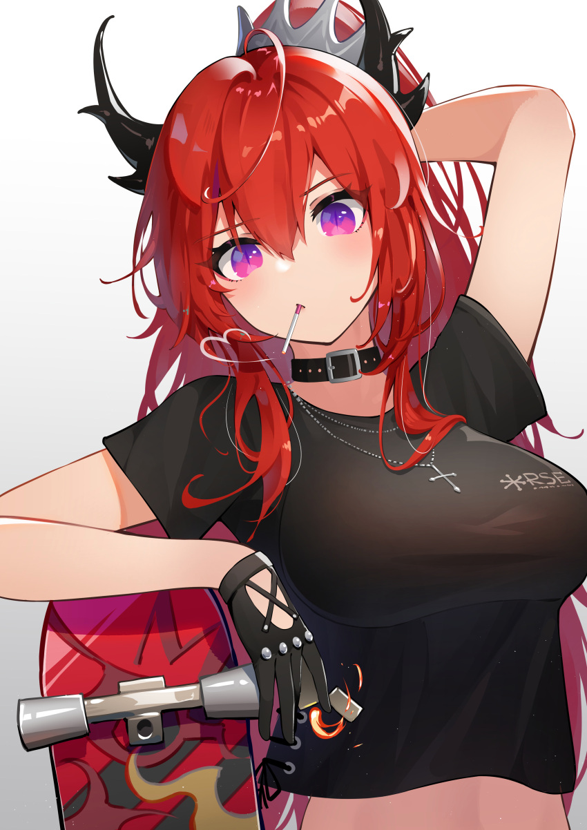 1girl absurdres arknights arm_up bangs black_choker black_gloves black_shirt breasts choker cigarette commentary crop_top cross cross_necklace crown gloves gradient gradient_background grey_background hair_between_eyes highres horns jewelry large_breasts long_hair looking_at_viewer midriff mini_crown mouth_hold necklace redhead rinne_(buye_rinne) shirt short_sleeves skateboard solo surtr_(arknights) surtr_(liberte_echec)_(arknights) upper_body violet_eyes white_background