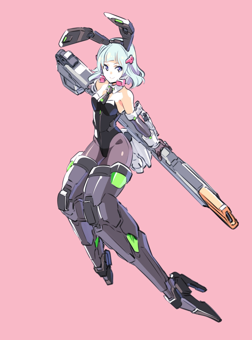 1girl animal_ears arms_behind_back bangs black_leotard blue_eyes blue_hair boots breasts character_request copyright_request elbow_gloves fake_animal_ears gloves grey_gloves gun high_heel_boots high_heels highres holding holding_gun holding_weapon ishiyumi leotard mecha_musume mechanical_ears metal_boots playboy_bunny rabbit_ears science_fiction small_breasts smile solo thigh-highs thigh_boots weapon