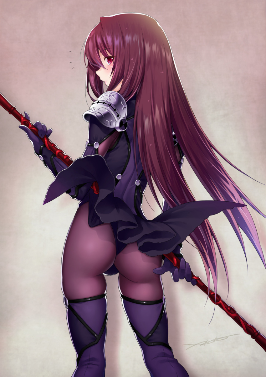 1girl absurdres armor ass bangs blush bodysuit fate/grand_order fate_(series) from_behind gae_bolg_(fate) highres holding holding_spear holding_weapon kazuma_muramasa long_hair looking_at_viewer looking_back pauldrons polearm purple_hair scathach_(fate) scathach_(fate)_(all) shoulder_armor sidelocks signature solo spear standing thigh_gap very_long_hair violet_eyes weapon