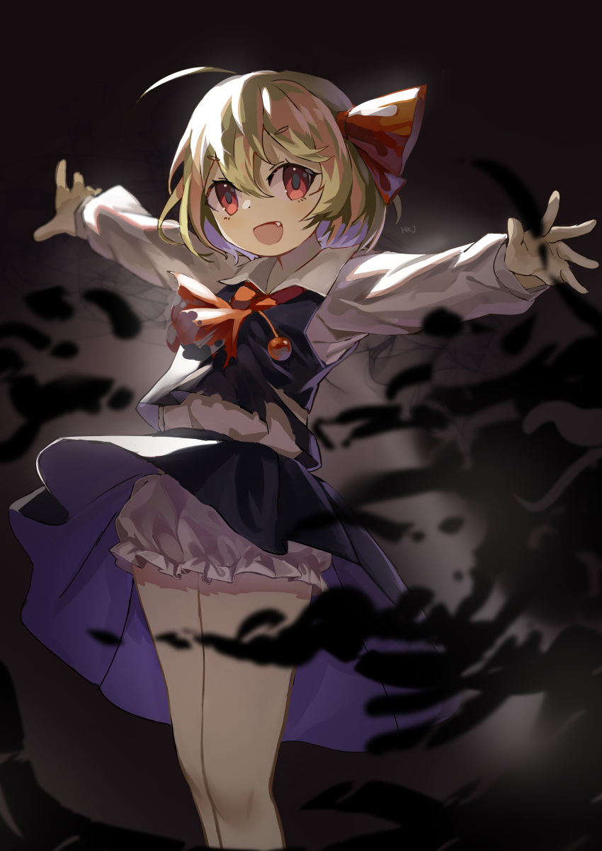 1girl absurdres artist_name black_skirt black_vest blonde_hair bloomers chinese_commentary commentary_request darkness fang feet_out_of_frame grey_background hair_ribbon highres hxj_(2324184595) looking_at_viewer open_mouth outstretched_arms red_eyes red_neckwear red_ribbon ribbon rumia shirt short_hair skirt smile solo spread_arms touhou underwear vest white_shirt wind wind_lift