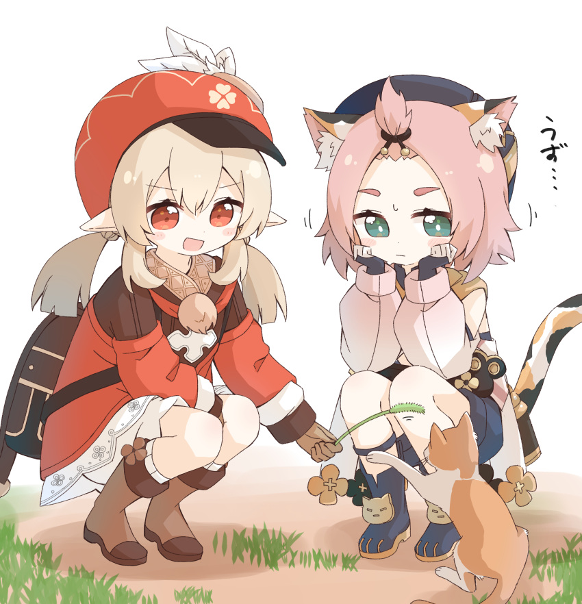 &gt;:q 2girls absurdres animal_ears animal_print backpack bag bloomers blush_stickers boots brown_footwear brown_gloves brown_scarf cabbie_hat cat cat_ears cat_print cat_tail cat_teaser clover_print coat commentary_request detached_sleeves diona_(genshin_impact) genshin_impact gloves green_eyes hat hat_feather hat_ornament head_rest highres holding hooded_coat klee_(genshin_impact) light_brown_hair looking_away low_twintails multiple_girls orange_eyes pink_hair randoseru red_coat scarf shorts simple_background squatting sweat tail thigh-highs thigh_boots translation_request twintails underwear white_background yoshinao_(yoshinao_0203)
