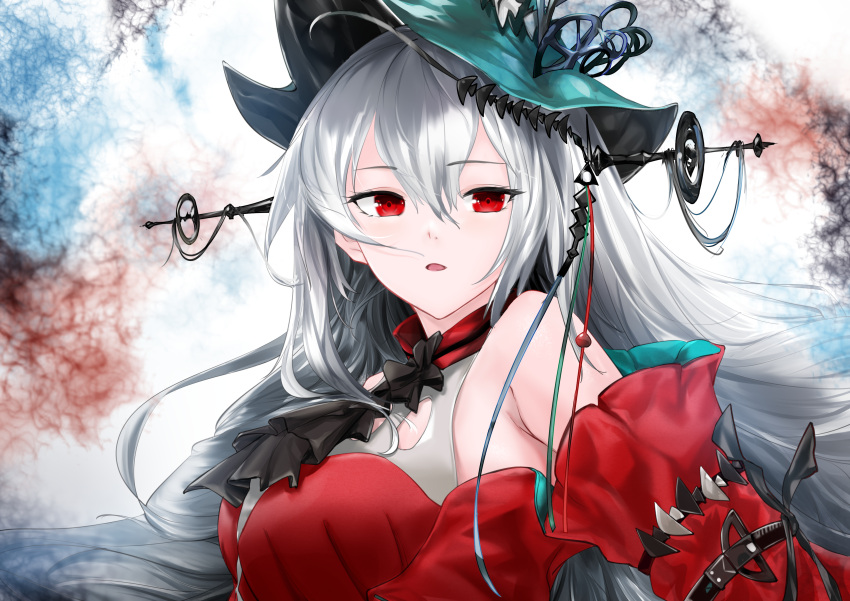 1girl absurdres aqua_gloves aqua_headwear arknights bangs bare_shoulders breasts detached_sleeves dress eyebrows_visible_through_hair gloves hair_between_eyes hat highres long_hair long_sleeves medium_breasts open_mouth qiao_zi red_dress red_eyes red_sleeves silver_hair skadi_(arknights) skadi_the_corrupting_heart_(arknights) sleeveless sleeveless_dress solo upper_body very_long_hair white_background