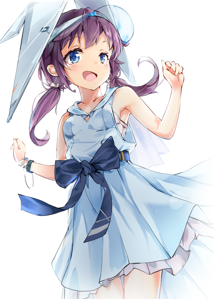 1girl absurdres arknights blue_dress blue_eyes bow bra bracelet clenched_hand dress hair_ribbon highres infection_monitor_(arknights) jewelry long_hair low_twintails mugi_no_hikyaku open_mouth purestream_(arknights) purple_hair ribbon smile twintails underwear visor_cap white_bra