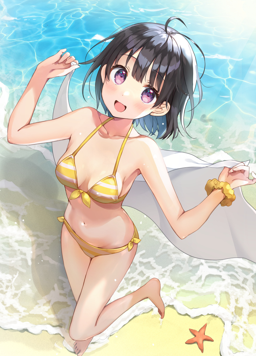 1girl :d absurdres ahoge bangs bare_arms bare_legs beach bikini black_hair blunt_bangs breasts commentary_request eyebrows_visible_through_hair from_above highres holding holding_towel huge_filesize looking_at_viewer navel ocean open_mouth original scrunchie small_breasts smile solo standing standing_on_one_leg starfish striped striped_bikini swimsuit towel violet_eyes wrist_scrunchie yellow_bikini yushima