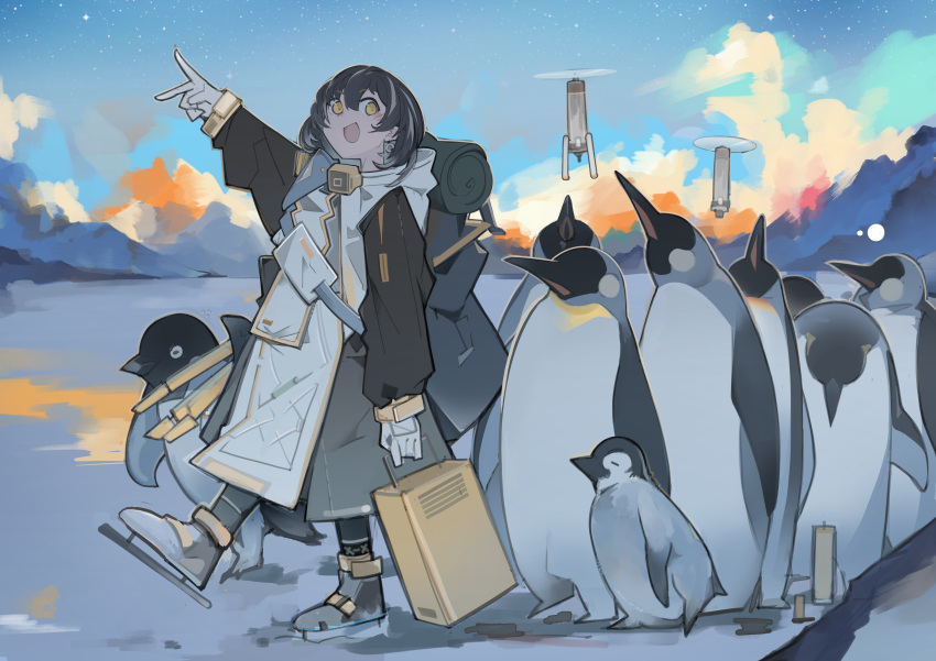 1girl 6+others :d absurdres animal arknights backpack bag bangs beak_mask bird black_coat black_footwear brown_eyes brown_hair clouds coat day earrings full_body gloves highres holding hood hood_down hooded_coat ice_skates infection_monitor_(arknights) jewelry jumbowhopper long_sleeves looking_at_viewer magallan_(arknights) mask mask_around_neck mountain multicolored_hair multiple_others open_mouth ornament outdoors penguin short_hair single_earring skates sky smile snow streaked_hair theodolite v white_gloves white_hair winter_clothes winter_coat