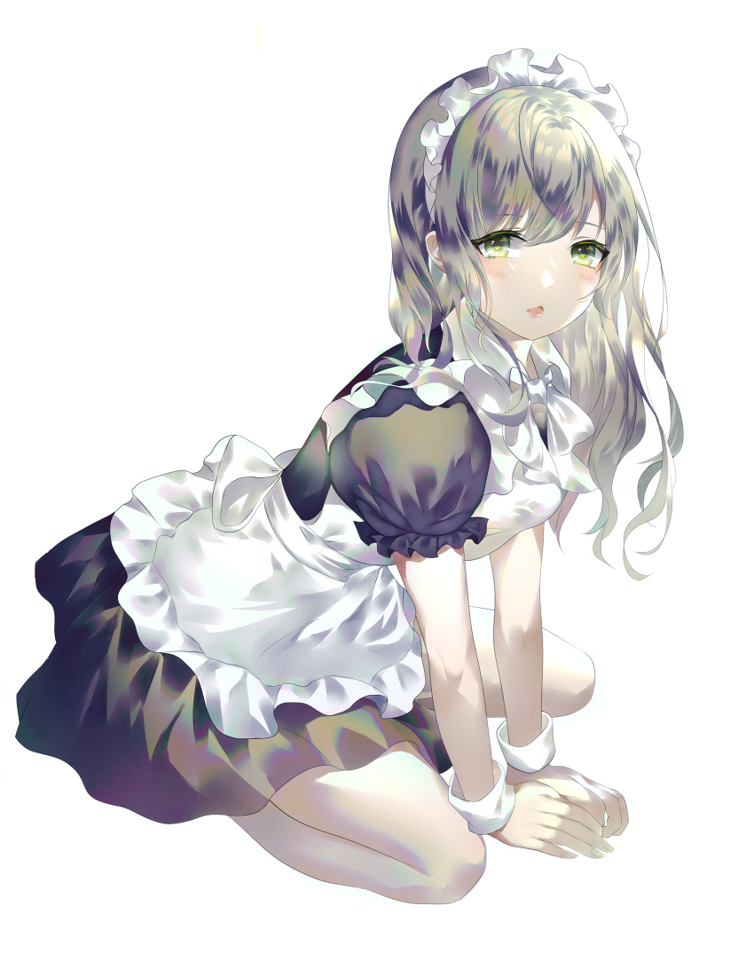 1girl absurdres apron bangs between_legs black_dress breasts brown_hair dress eyebrows_visible_through_hair frilled_apron frills full_body green_eyes hair_between_eyes hand_between_legs highres long_hair looking_at_viewer maid maid_apron maid_headdress original parted_lips puffy_short_sleeves puffy_sleeves rhea_(0u0) short_sleeves simple_background small_breasts solo white_apron white_background wrist_cuffs