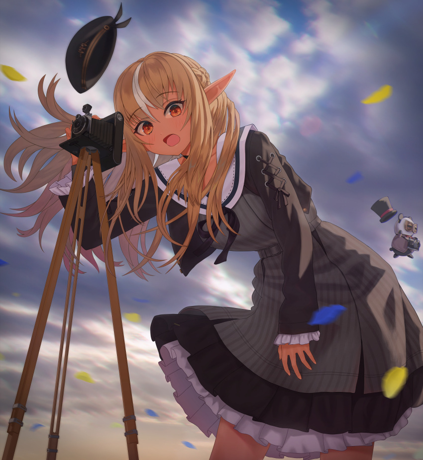 1girl absurdres bellows_camera beret black_sweater blonde_hair braid camera cropped_sweater dark-skinned_female dark_skin dress elf grey_dress half_updo hat hat_removed headwear_removed highres hololive huge_filesize kintsuba_(shiranui_flare) layered_dress long_hair long_sleeves looking_at_viewer multicolored_hair open_mouth outdoors pinstripe_dress pinstripe_pattern pointy_ears sailor_collar sailor_dress shiranui_flare solo streaked_hair striped surprised sweater virtual_youtuber wind wind_lift yukinashi