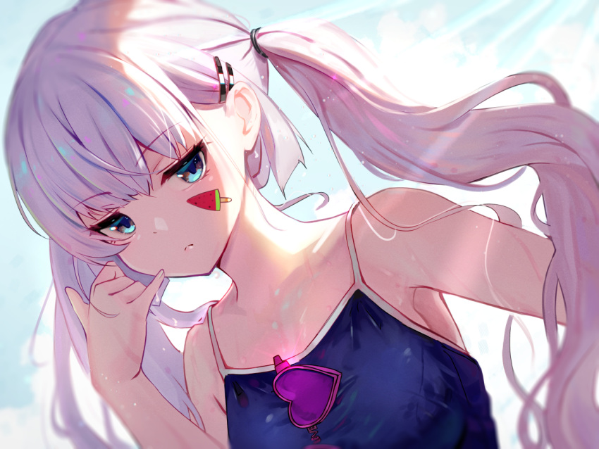 1girl \m/ bangs bare_shoulders blue_eyes blue_swimsuit eyebrows_visible_through_hair eyewear_hang eyewear_removed facial_mark hair_tie hand_up heart heart-shaped_eyewear long_hair looking_at_viewer naruse_shiroha pink_hair school_swimsuit shaka_sign solo summer_pockets swimsuit tagame_(tagamecat) twintails upper_body