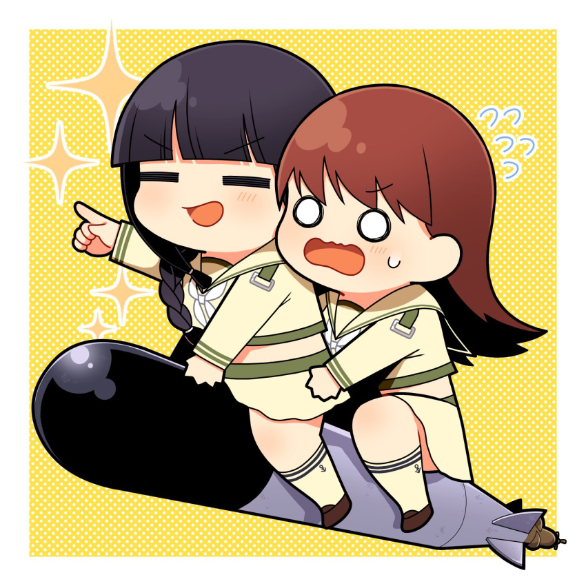 2girls anchor_symbol bangs black_hair blunt_bangs blush braid brown_hair chibi closed_eyes eyebrows_visible_through_hair flying_sweatdrops hair_over_shoulder highres kantai_collection kitakami_(kancolle) kneehighs long_hair long_sleeves multiple_girls o_o ooi_(kancolle) open_mouth pointing riding sailor_collar school_uniform serafuku single_braid skirt sparkle sweat tanaka_io_(craftstudio) torpedo yellow_sailor_collar yellow_skirt