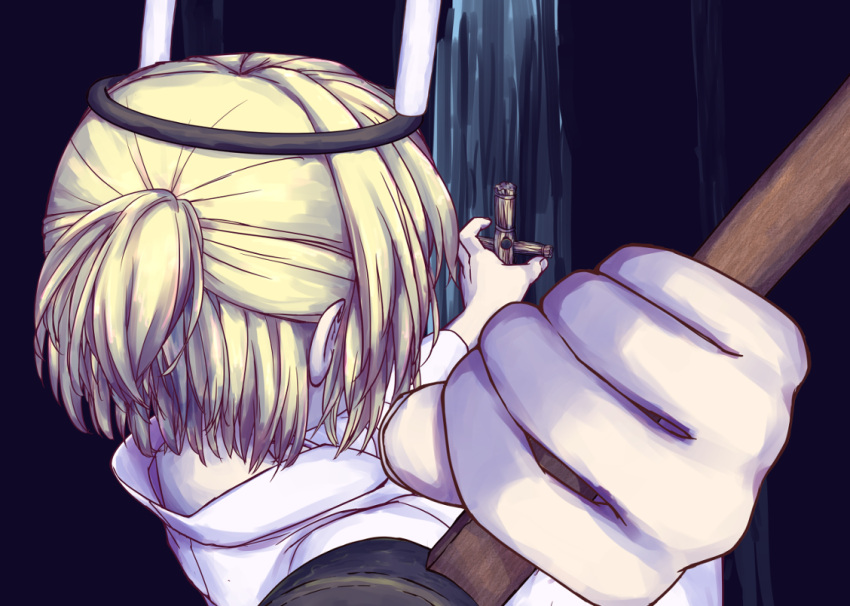 1girl alternate_costume bangs blonde_hair candle commentary_request from_behind half_updo hammer hashihime holding holding_hammer isu_(is88) japanese_clothes kimono mallet mizuhashi_parsee nail pointy_ears short_hair short_ponytail solo touhou upper_body waraningyou white_kimono
