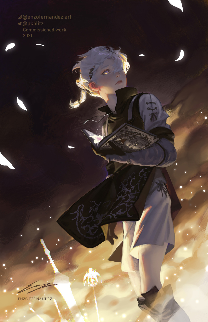 artist_name book character_request english_text enzo_fernandez feet_out_of_frame highres holding holding_book instagram_username lips nier_(series) realistic shorts signature solo twitter_username white_eyes white_shorts