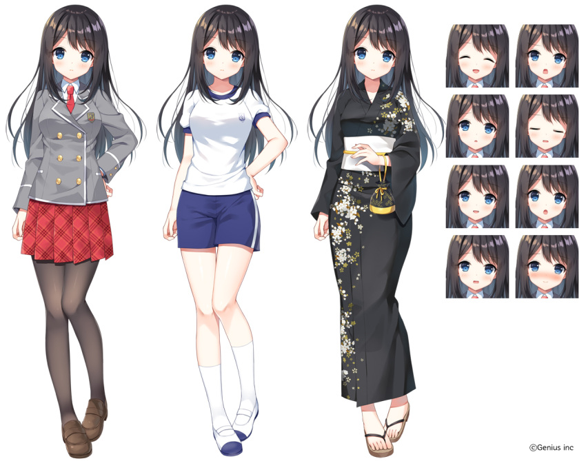 1girl :d :o ^_^ bangs black_hair black_kimono black_legwear blazer blue_eyes blue_shorts blush breasts brown_footwear closed_eyes closed_mouth collared_shirt expressions eyebrows_visible_through_hair floral_print grey_jacket gym_shirt gym_shorts gym_uniform hand_on_hip jacket japanese_clothes kimono loafers long_hair long_sleeves looking_at_viewer mauve medium_breasts multiple_views necktie nose_blush obi official_art open_mouth original pantyhose parted_lips plaid plaid_skirt pleated_skirt print_kimono puffy_short_sleeves puffy_sleeves red_neckwear red_skirt sash school_uniform shirt shoes short_shorts short_sleeves shorts simple_background skirt smile socks standing sweat uwabaki very_long_hair wavy_mouth white_background white_footwear white_legwear white_shirt wide_sleeves zouri