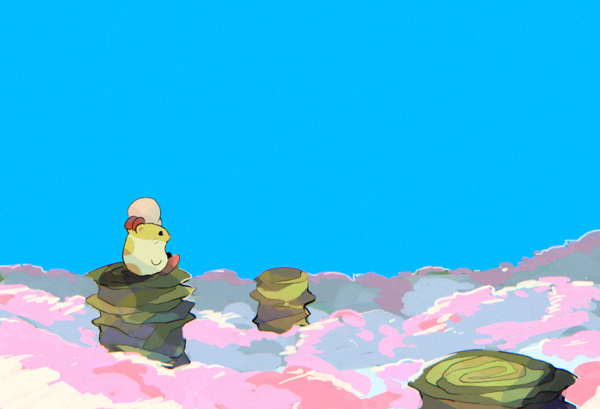 above_clouds animal blue_sky clouds day hamster kirby kirby's_dream_land_3 kirby_(series) no_humans outdoors pink_cloud rick_(kirby) rock scenery sitting sky soumenhiyamugi