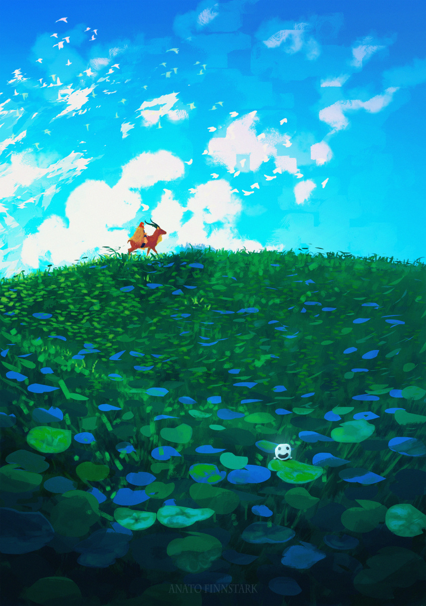 1girl absurdres anato_finnstark ashitaka bird blue_sky day deer field grass highres hill huge_filesize landscape mononoke_hime nature outdoors scenery sky spirit wide_shot