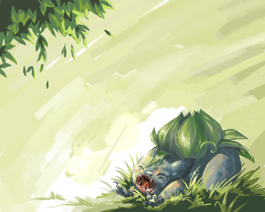 bulbasaur claws grass leaf nintendo no_humans pokemon pokemon_(creature) serain solo tree wallpaper yawning