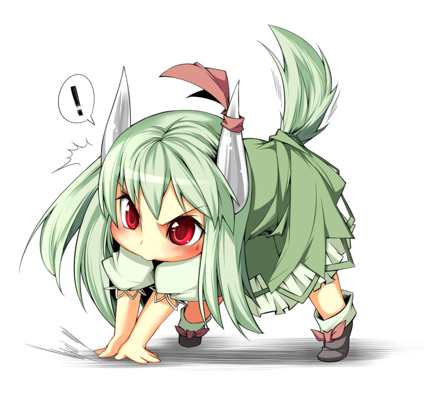 ! /\/\/\ all_fours beihan blush caved chibi ex-keine green_hair highres horns kamishirasawa_keine kokka_han long_hair red_eyes ribbon slit_pupils tail touhou young