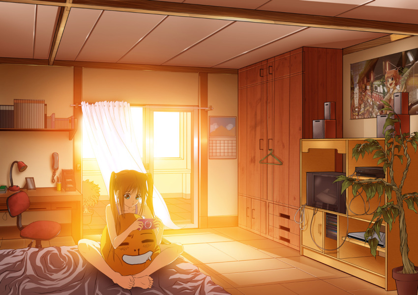 bean_bag bed blood calendar calendar_(object) chair curtains desk feet lamp nosebleed o3o plant playing_games playstation_portable poster poster_(object) product_placement psp red_hair redhead room roomscape sam_gelua solo sunlight television twintails