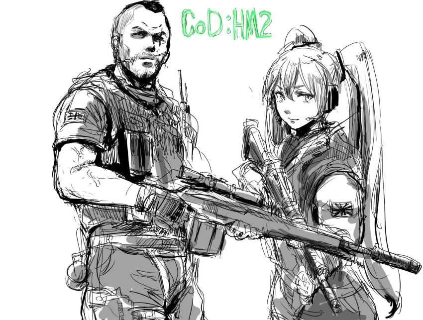 call_of_duty:_modern_warfare_2 hatsune_miku monochrome oekaki osakana_(denpa_yun'yun) soap_mactavish vocaloid