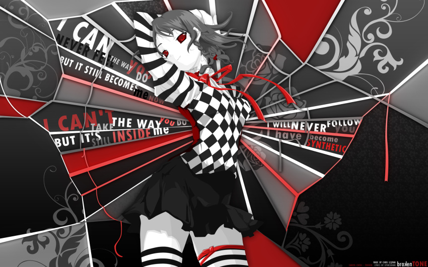 arched_back argyle braid contemporary highres izayoi_sakuya partially_colored red_eyes ribbon side_braid skirt striped striped_legwear striped_thighhighs thigh-highs thighhighs touhou wallpaper zettai_ryouiki