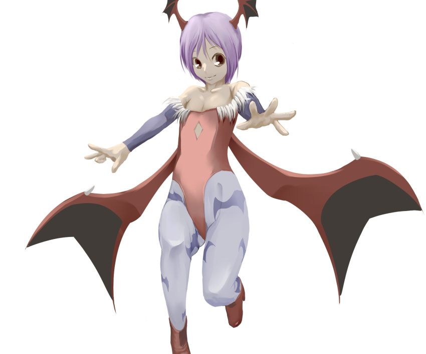 bare_shoulders bat_wings boots brown_eyes capcom demon_girl e_no_koro_kusa elbow_gloves fingerless_gloves flat_chest gloves head_wings headwings highres leotard lilith_aensland pantyhose purple_hair short_hair simple_background solo succubus vampire_(game) wings