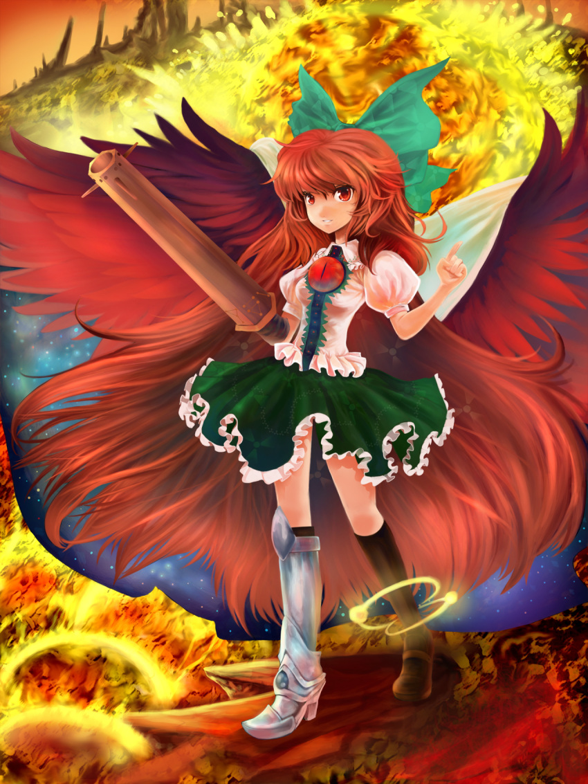 bow brown_hair eyes fatherland2009 hair_bow highres long_hair mismatched_footwear red_eyes reiuji_utsuho solo touhou wings