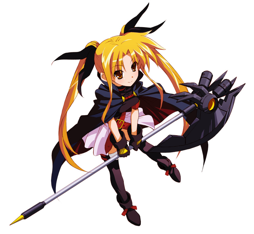 blonde_hair brown_eyes cape fate_testarossa gloves highres katochin_(pixiv) long_hair mahou_shoujo_lyrical_nanoha mahou_shoujo_lyrical_nanoha_a's mahou_shoujo_lyrical_nanoha_the_movie_1st simple_background smile thigh-highs thighhighs twintails