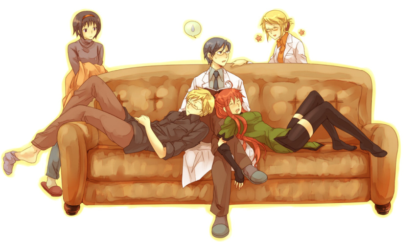 2boys 3girls barefoot bike_shorts black_hair blonde_hair closed_eyes elbow_gloves everyone fingerless_gloves glasses gloves hairband labcoat legs long_hair milcho multiple_boys multiple_girls necktie original red_hair redhead short_hair sleeping sock_dangle sock_pull socks thigh-highs thighhighs