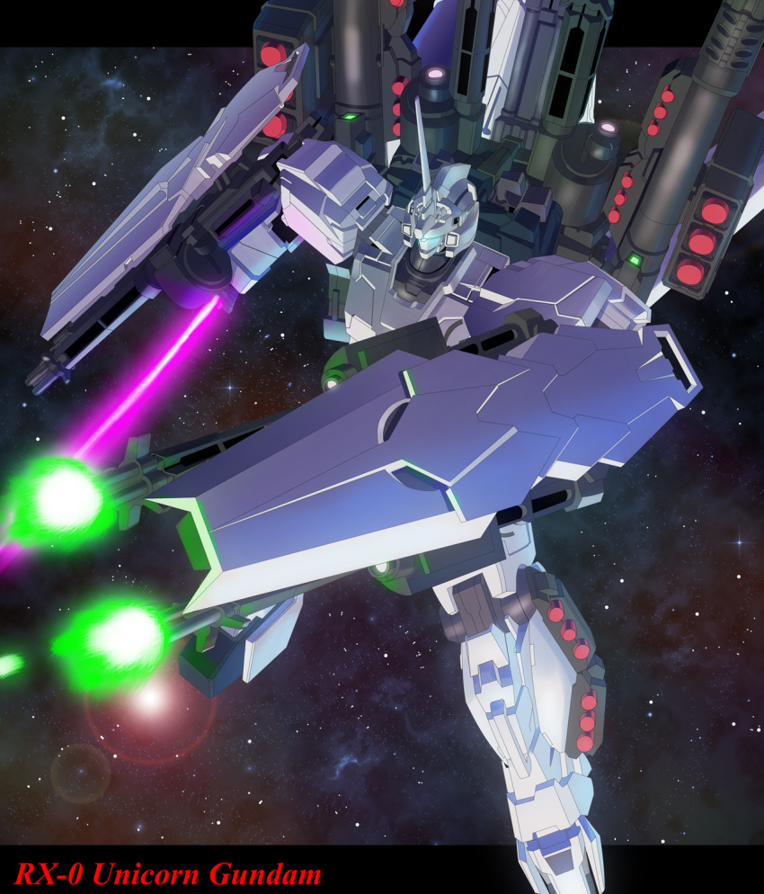 arm_cannon beam_saber firing full_armor_unicorn_gundam gundam gundam_unicorn highres holding holding_sword holding_weapon horns looking_down mecha missile_pod moyashi_(karamisouma) science_fiction shield single_horn solo sword unicorn_gundam visor weapon